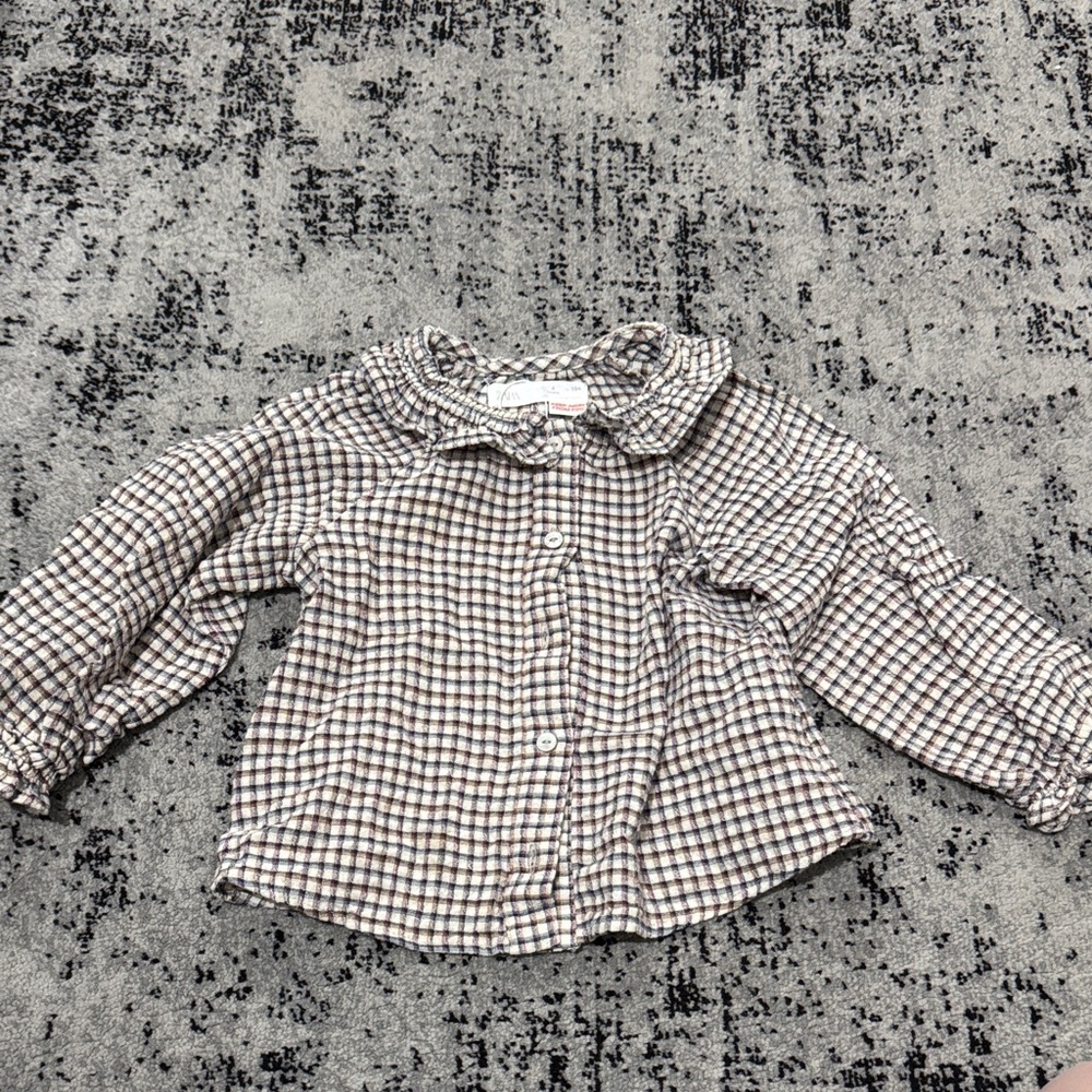 Zara Girls Checked Button-Down Shirt in Beige and Navy